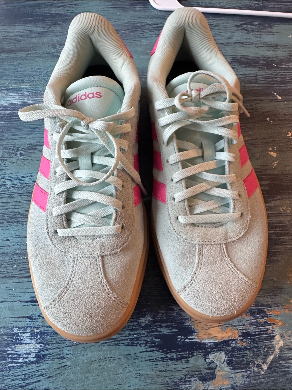 adidas Women's Mint Suede Sneakers with Pink Stripes
